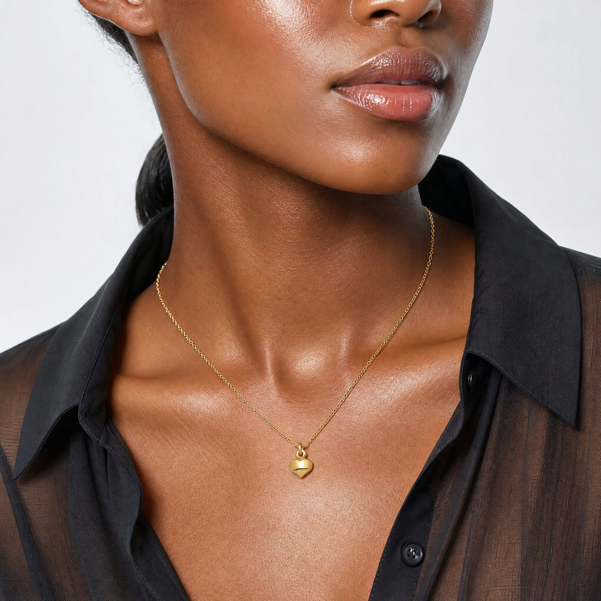 14k Polished Puffed Heart 16.5 inch Necklace - Model Shot