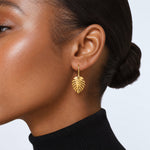 14K Polished Palm Leaf Dangle Earrings - Model Shot