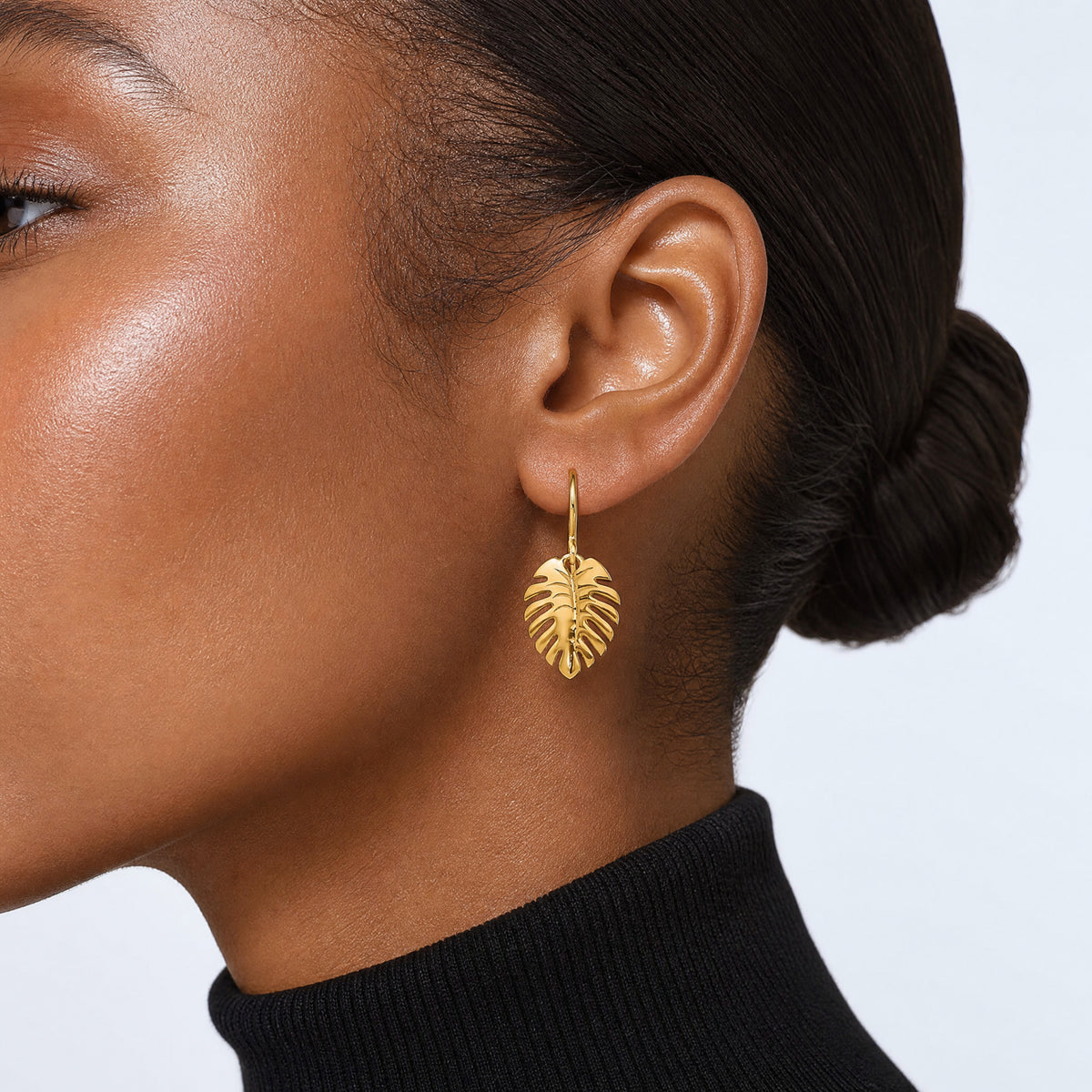 14K Polished Palm Leaf Dangle Earrings - Model Shot