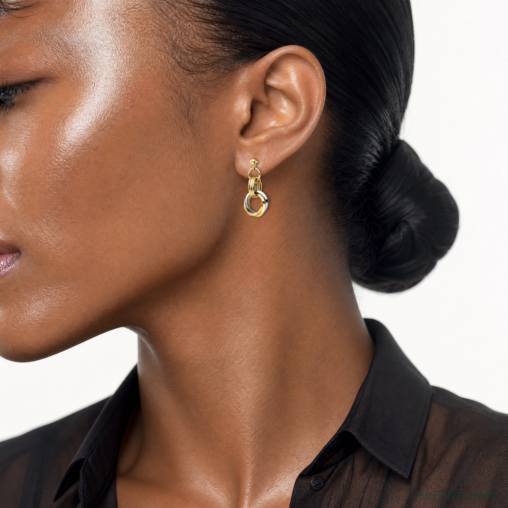 14K Two-tone Polished Intertwined Circles Post Dangle Earrings - Model Shot