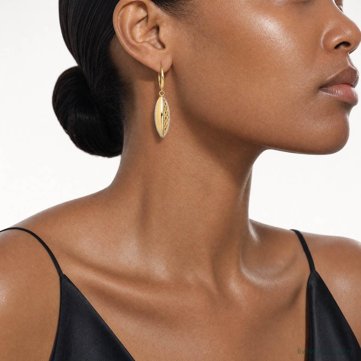 14K Two-tone Polished D/C Hollow Teardrop Criss Cross Leverback Earrings - Model Shot