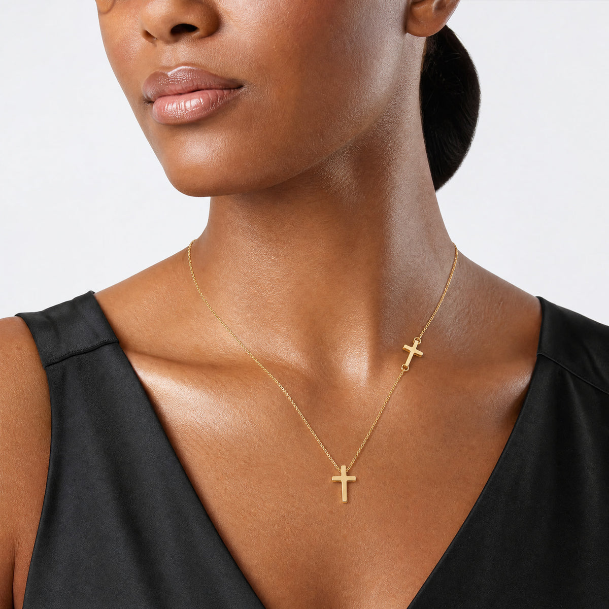 14k Sideways Cross and Cross Pendant Necklace - Model Shot