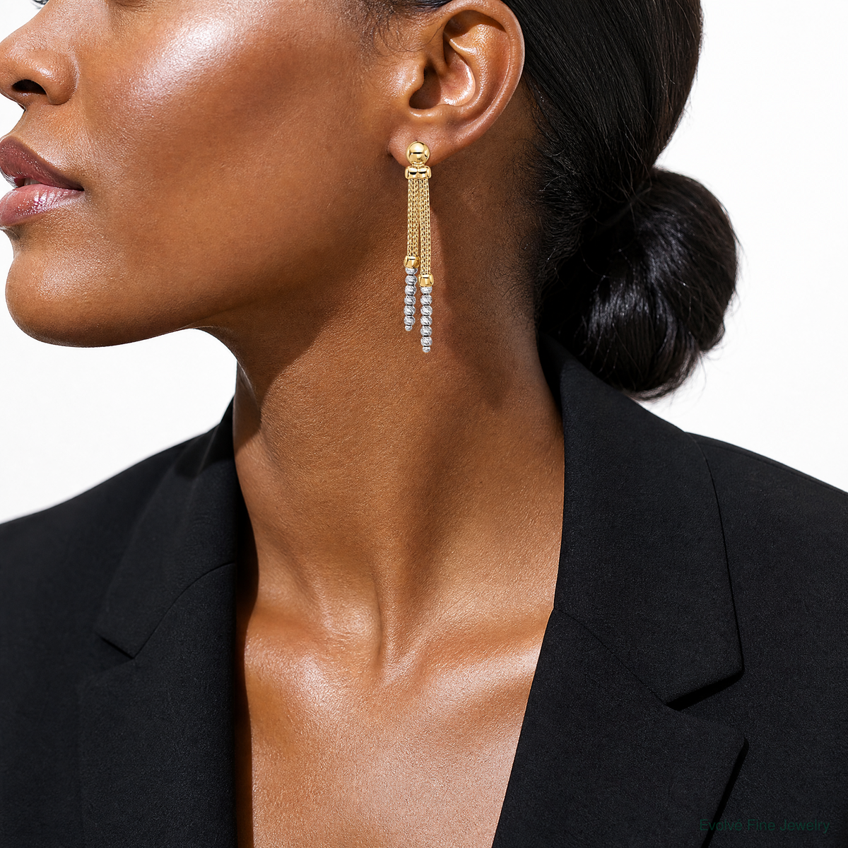 14K Two-tone Polished and Diamond-cut Beaded Dangle Post Earrings - Model Shot