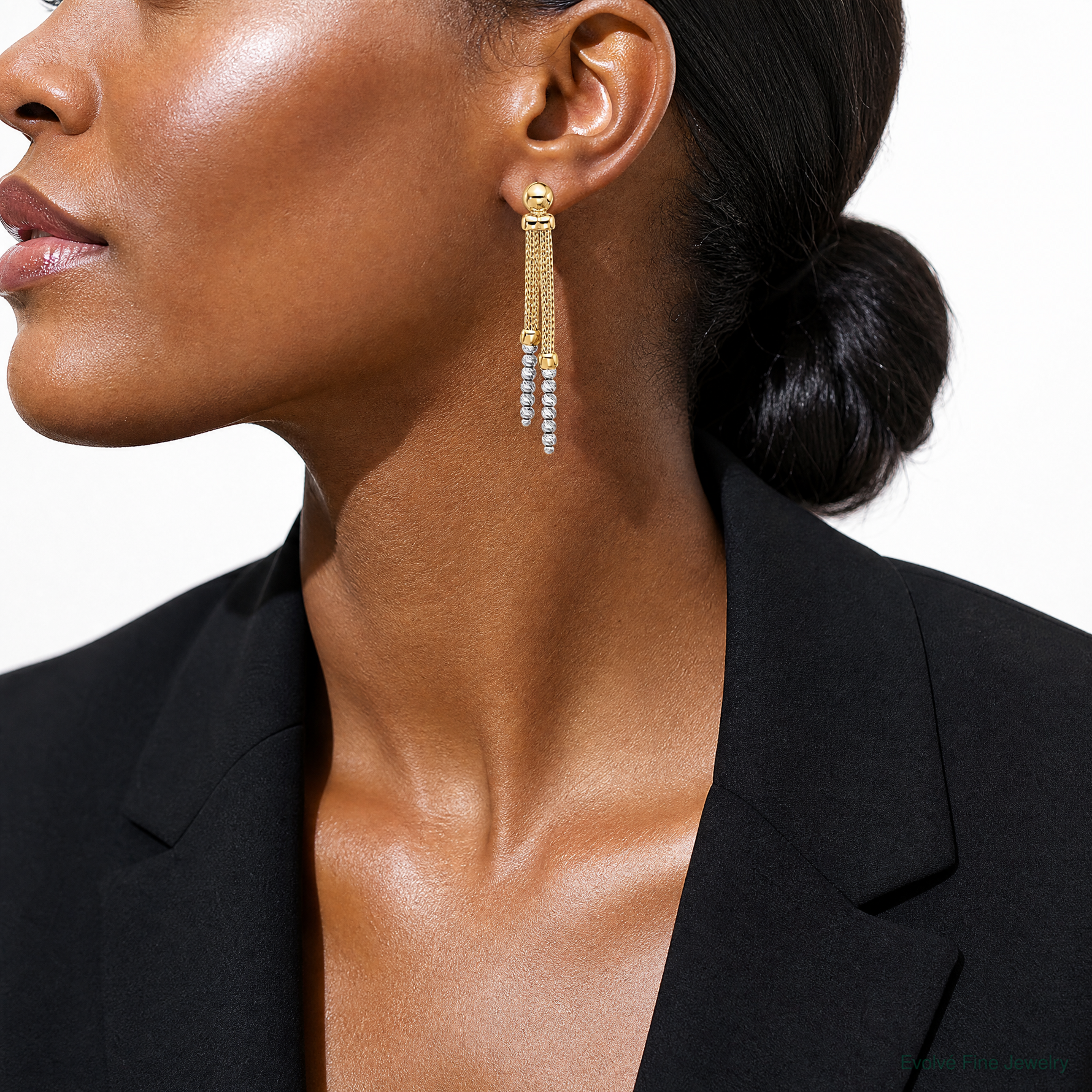 14K Two-tone Polished and Diamond-cut Beaded Dangle Post Earrings - Model Shot