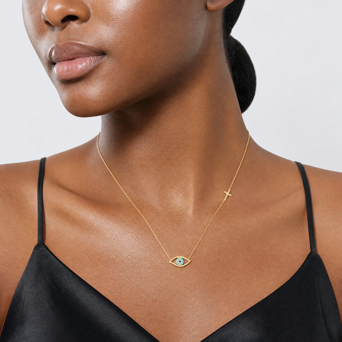14K Polished CZ Evil Eye and Cross 18in with 2in ext. Necklace - Model Shot