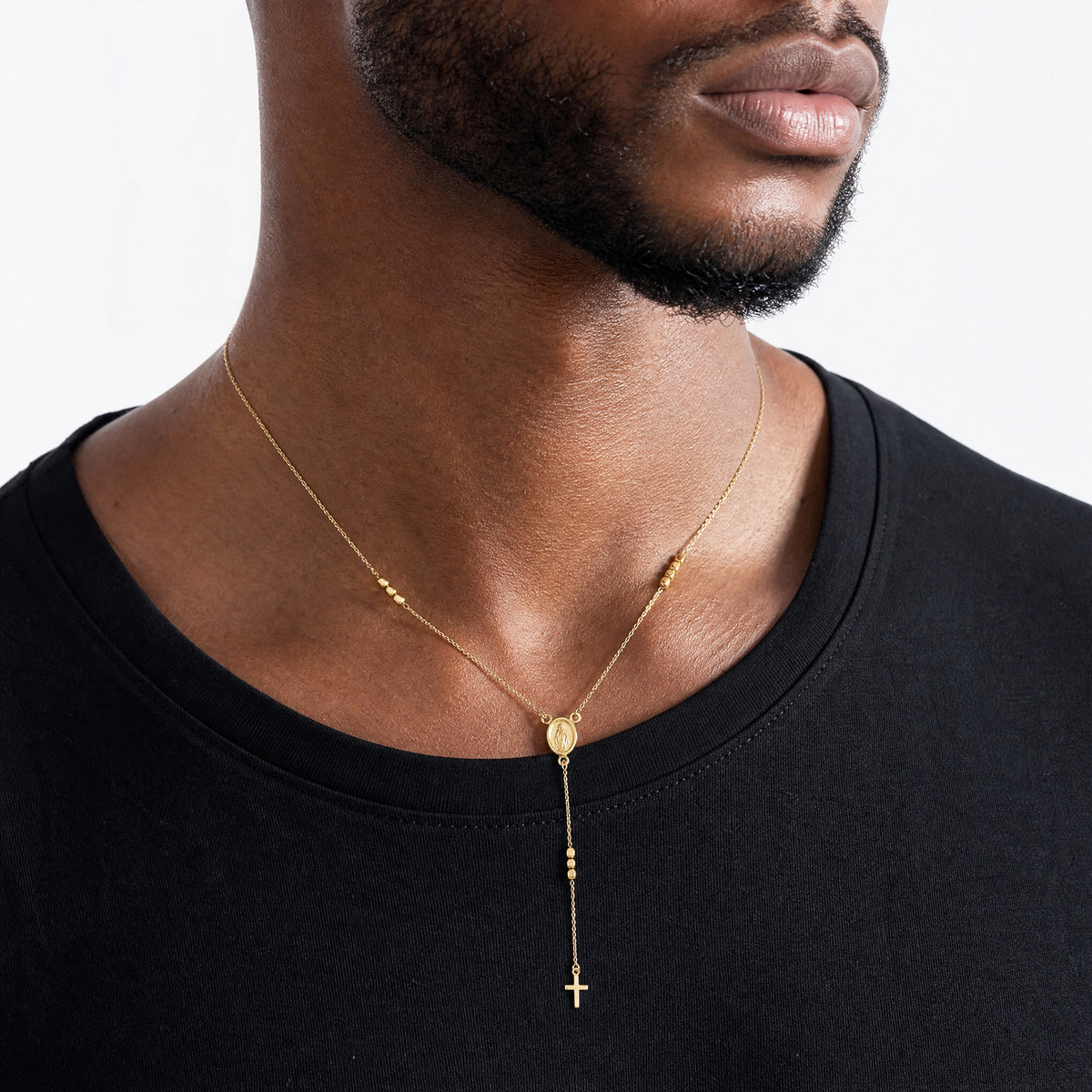 14K Rosary Design Miraculous Medal Cross Y-Drop Necklace - Model Shot