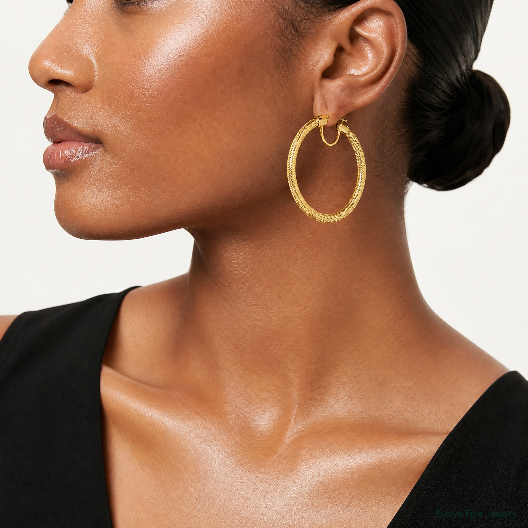 14k Polished Flexible Mesh Hinged Hoop Earrings - Model Shot