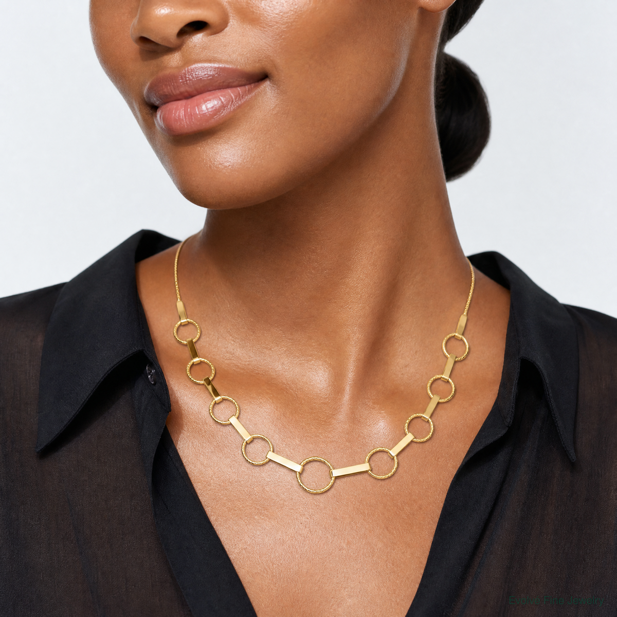 14K Polished and Textured Circles and Bars Necklace - Model Shot