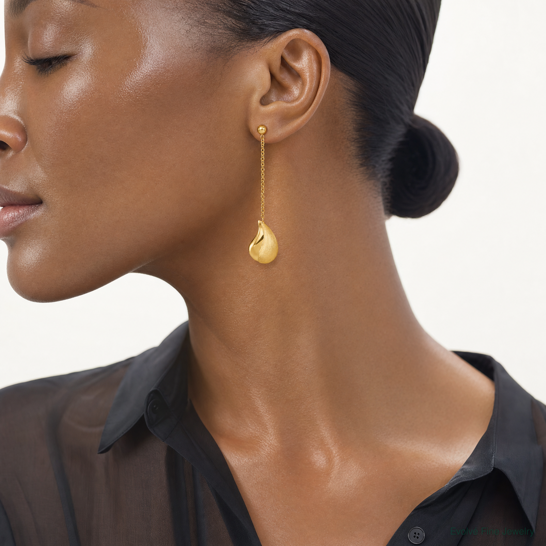14k Polished And Brushed Curved Teardrop Dangle Post Earrings - Model Shot