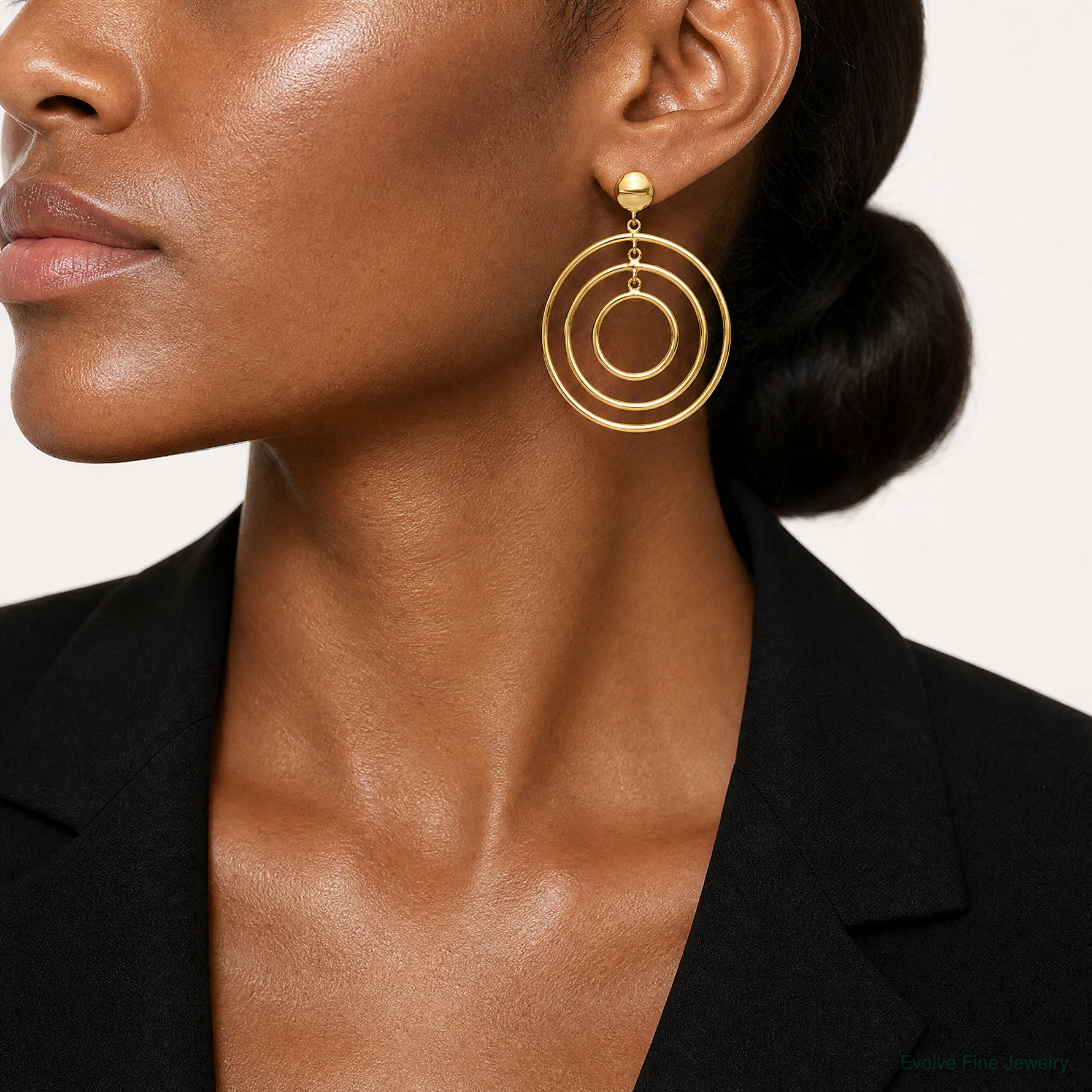 14k Fancy Circle Dangle Post Earrings - Model Shot