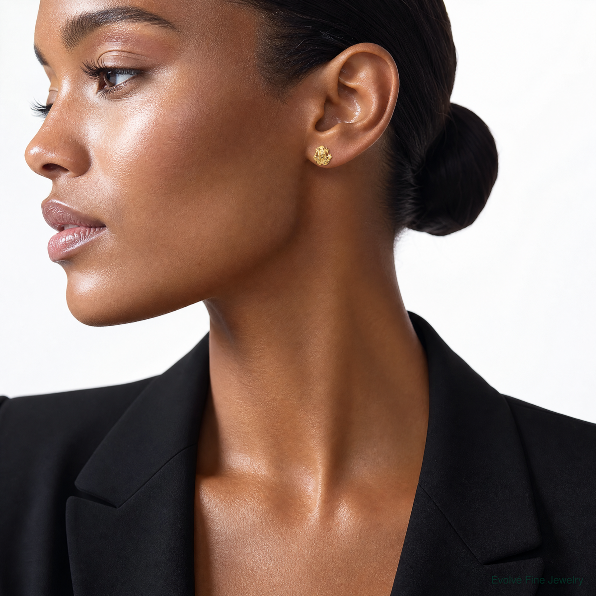 14k Mini Frog Post Earrings - Model Shot