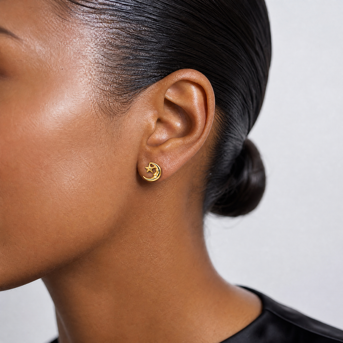 14k Moon and Star Post Earrings - Model Shot