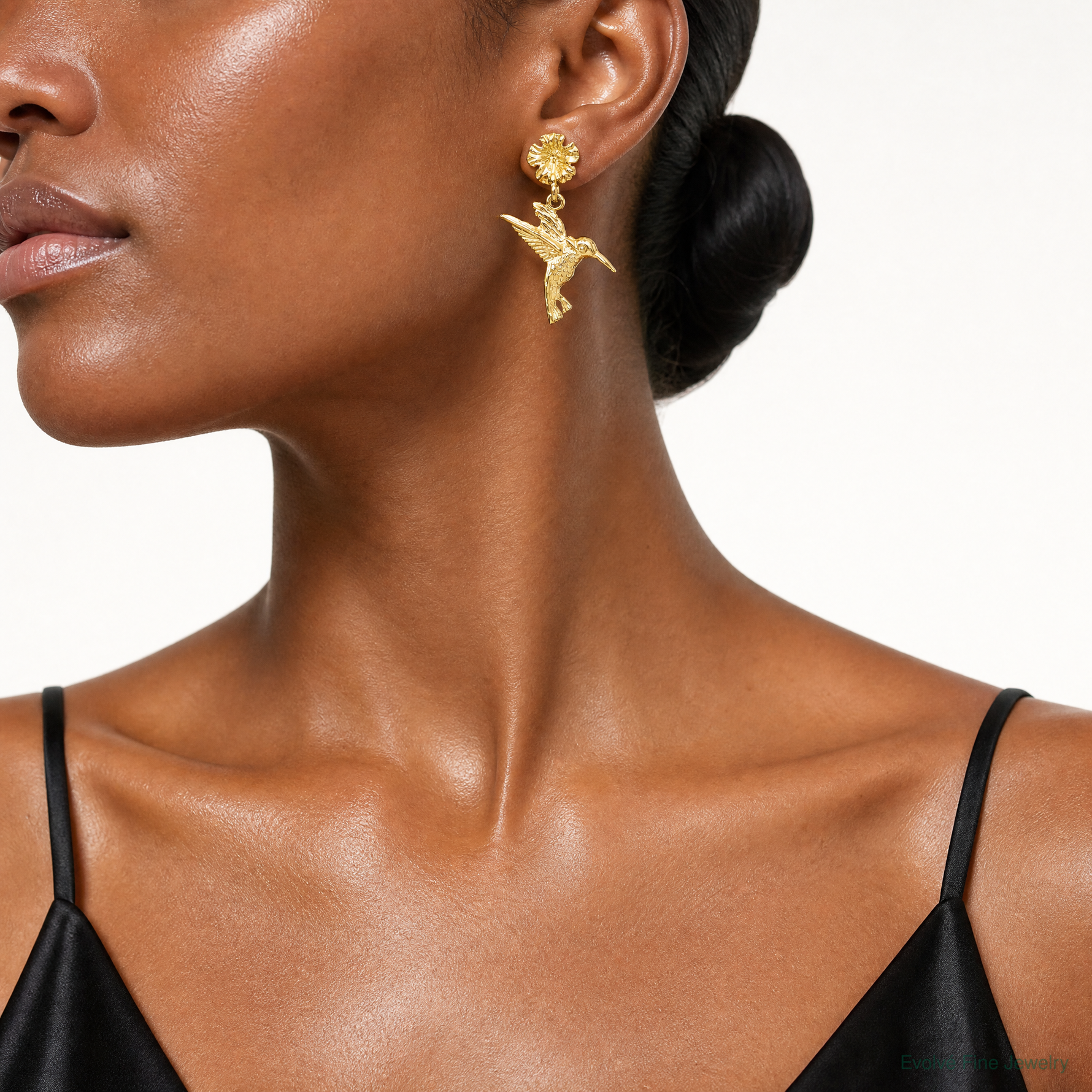 14k Hummingbird Dangles from Flower Post Earrings - Model Shot