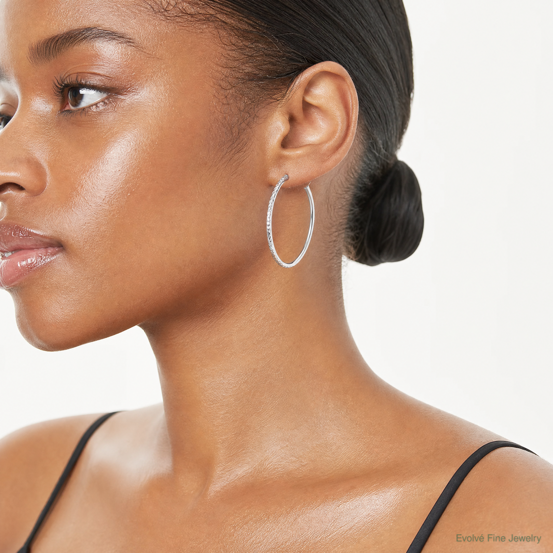 14K WG Knife Edge Diamond-cut Hollow Hoop Earrings - Model Shot