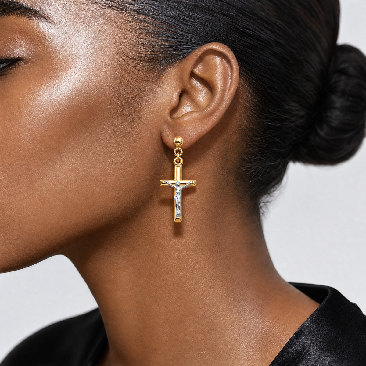 14k Two-tone Hollow Crucifix Earrings - Model Shot