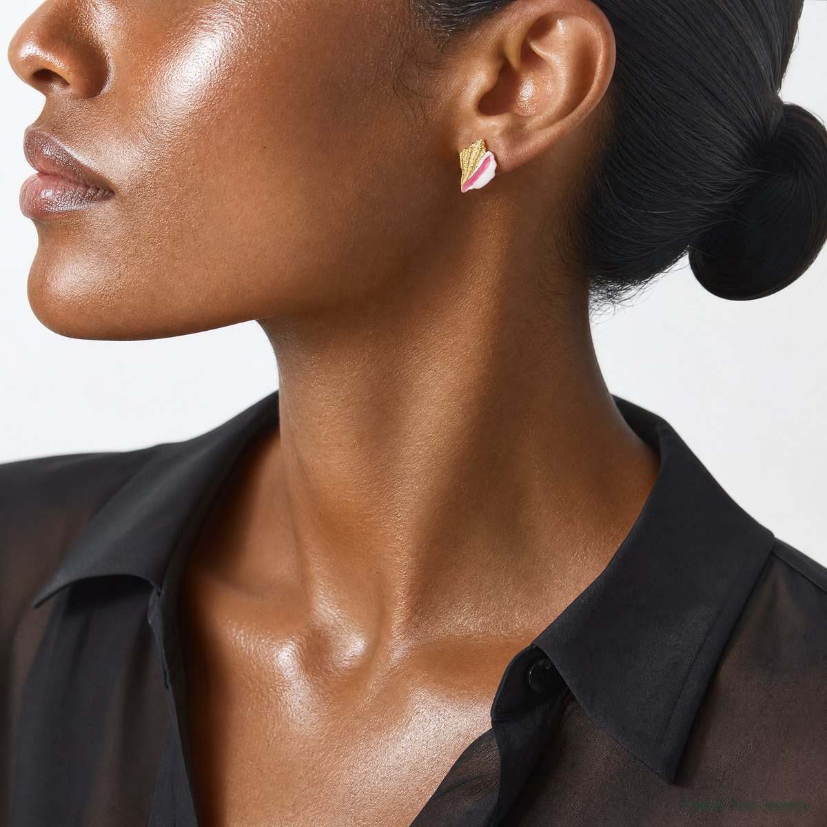 14K White and Pink Enamel Conch Shell Post Earrings - Model Shot