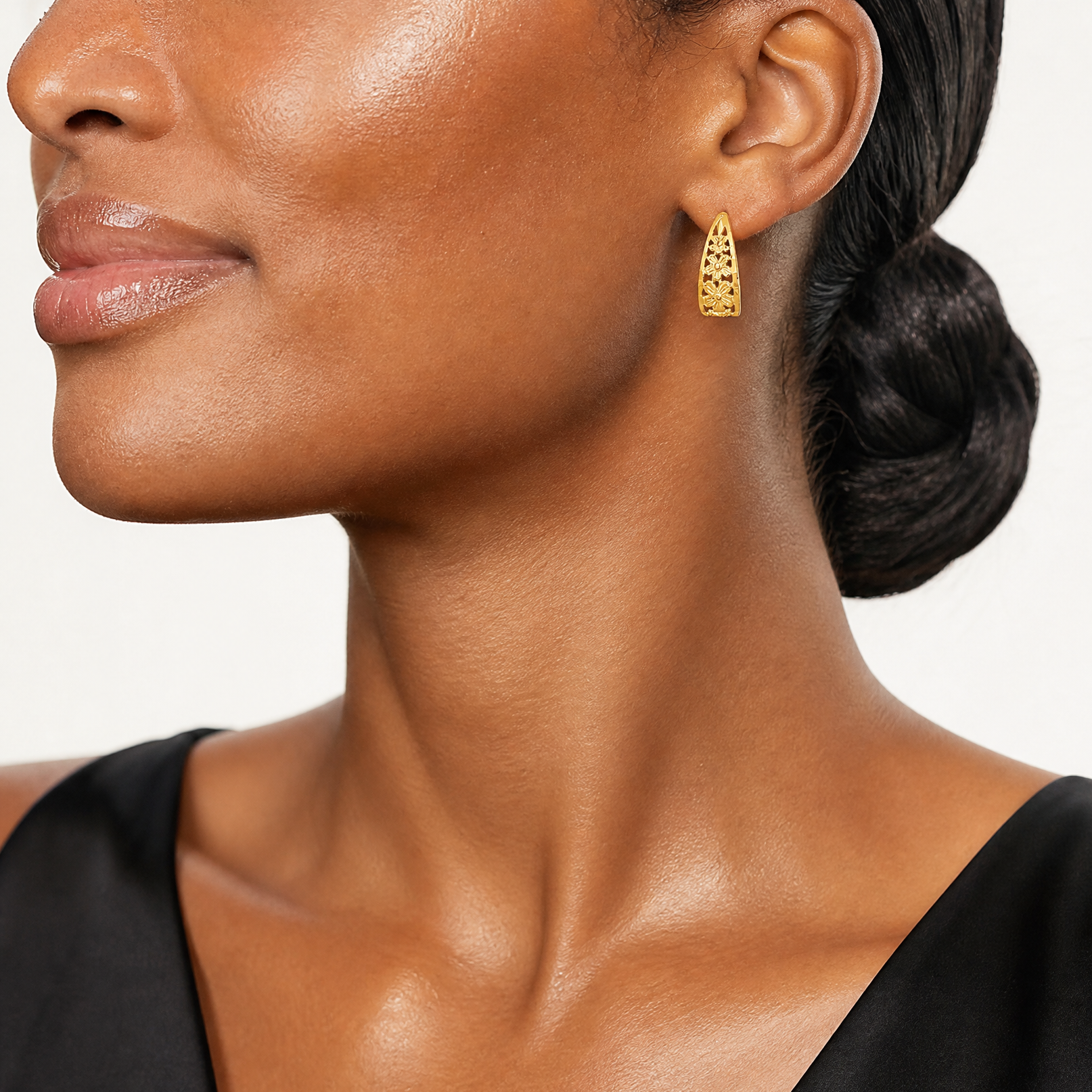 14K D/C Flower J-Hoop Post Earrings - Model Shot