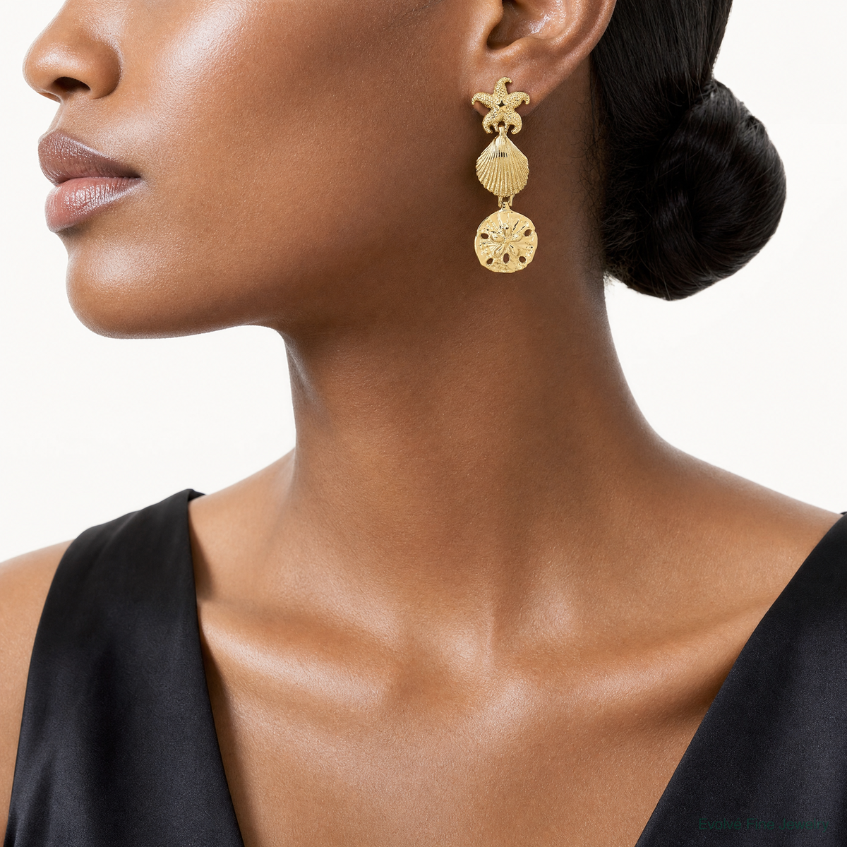 14K Starfish, Shell ,Sand Dollar Dangle Earrings - Model Shot