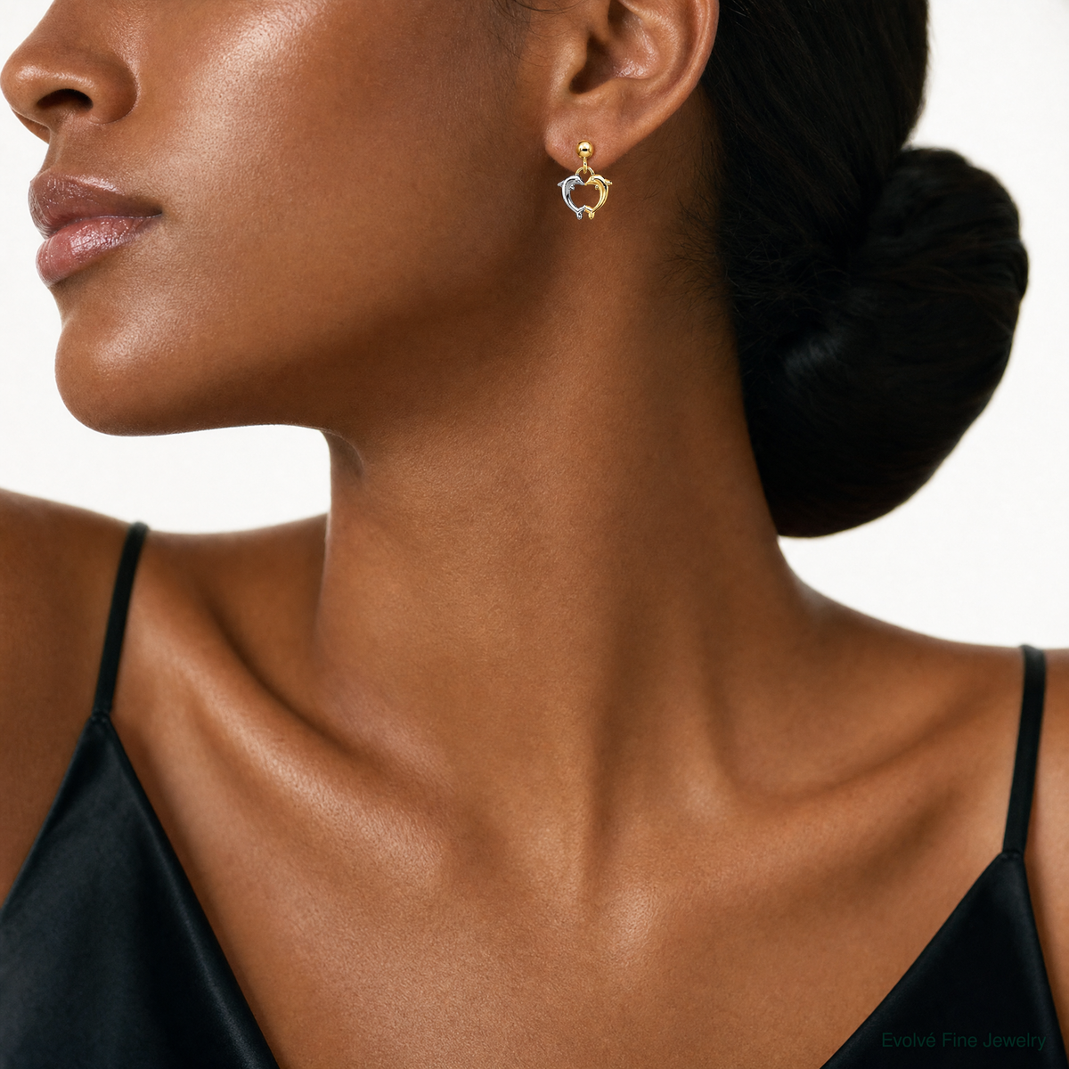 14K W/ Rhodium Dolphin Dangle Earrings - Model Shot