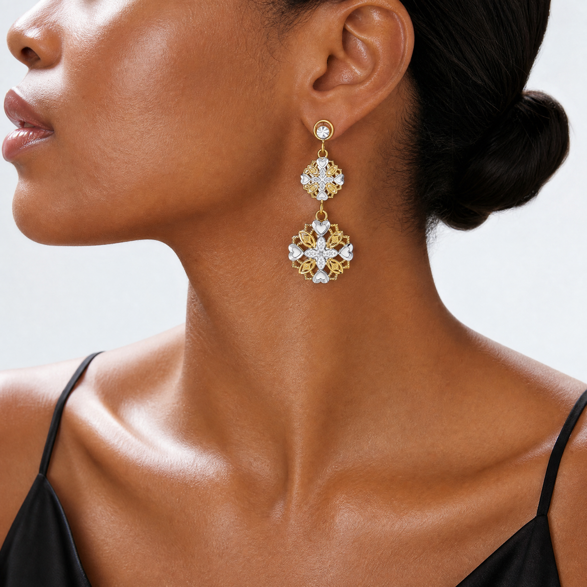 14k w/ Rhodium D/C Flower & Heart Dangle Earrings - Model Shot