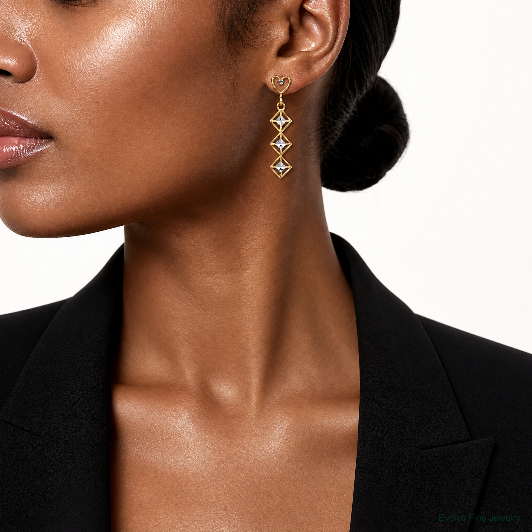 14k w/RH D/C Heart and Diamond Shape Post Dangle Earrings - Model Shot