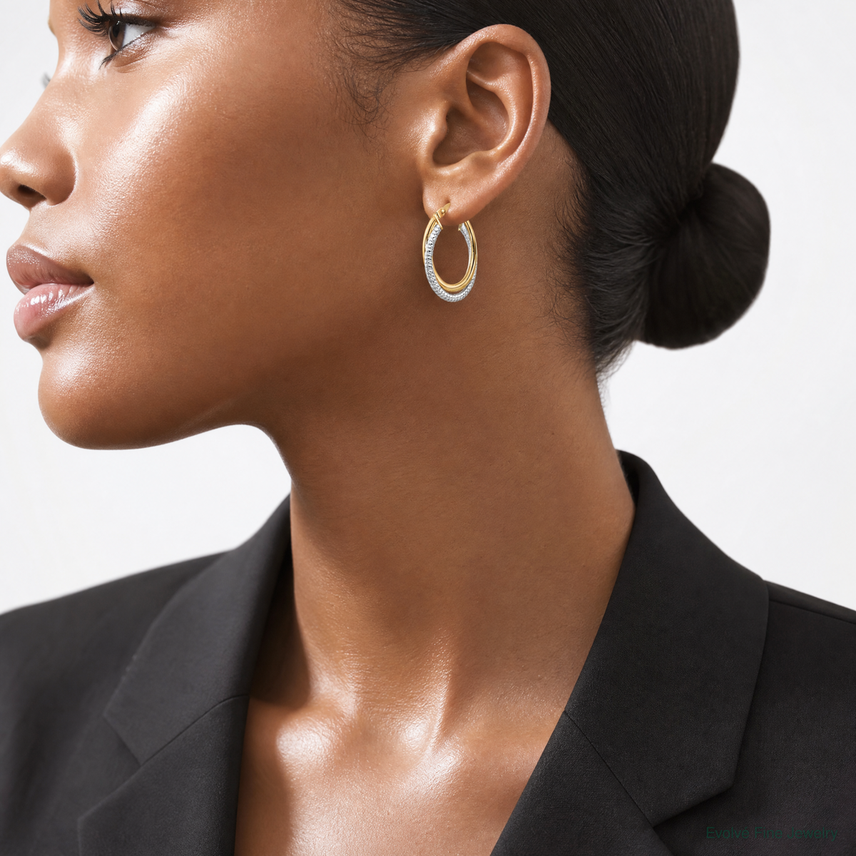14k Two-Tone Polished Textured Double Oval Hoops - Model Shot