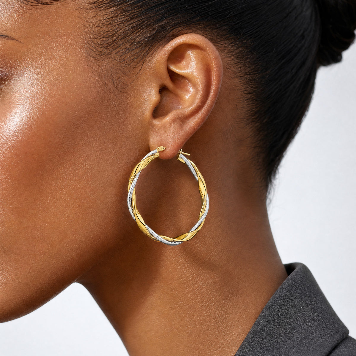 14k Two-tone Polished Rope Twisted Hoop Earrings - Model Shot