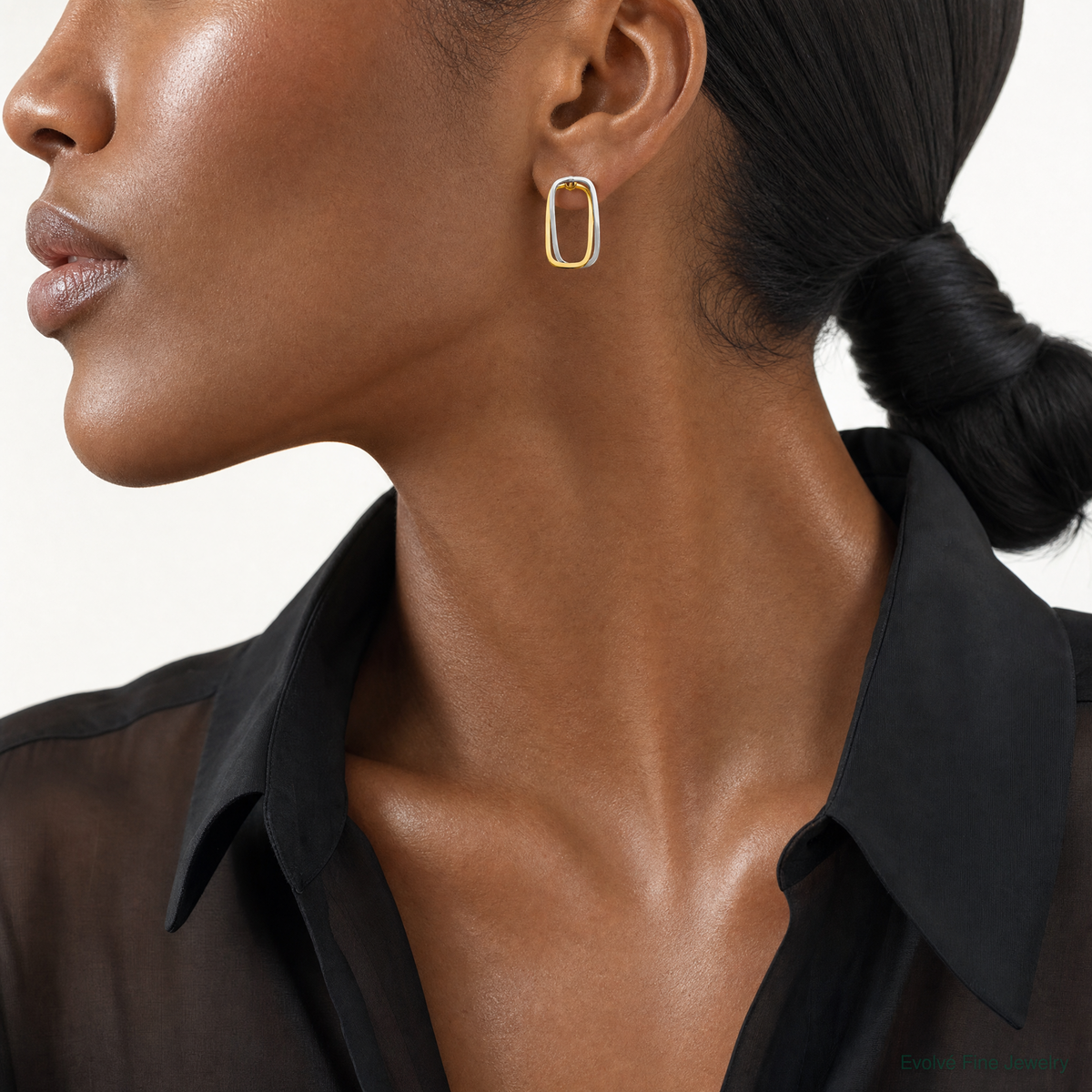 14k Two-Tone Fancy Versatile Rectangle Post Earrings - Model Shot