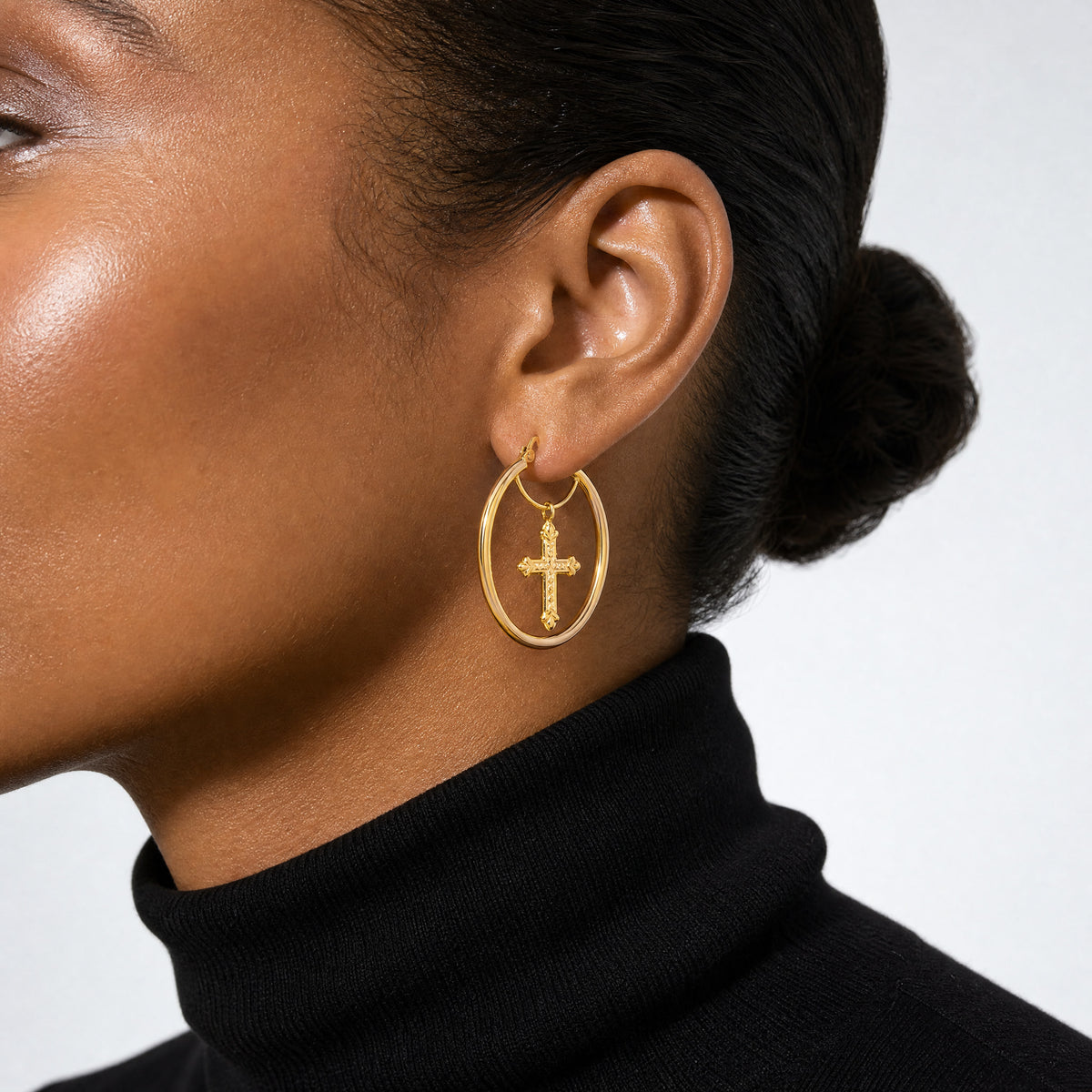 14k with D/C Cross Dangle Hoop Earrings - Model Shot