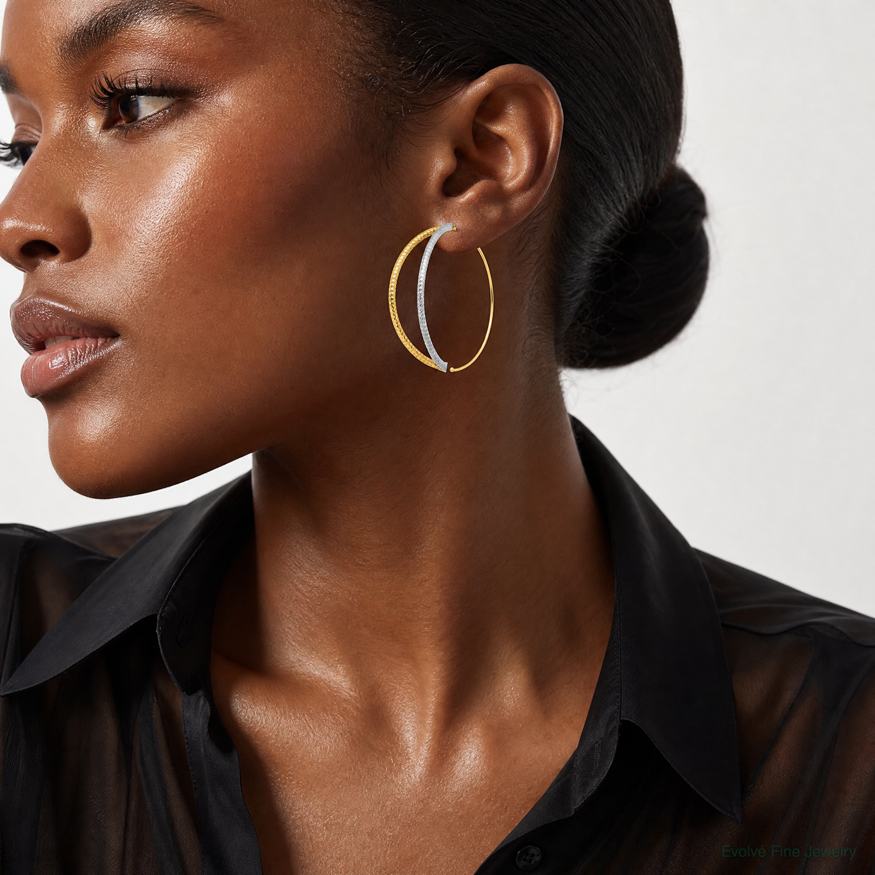 14K w/Rhodium Large Diamond-Cut Dangle Threader Earrings - Model Shot