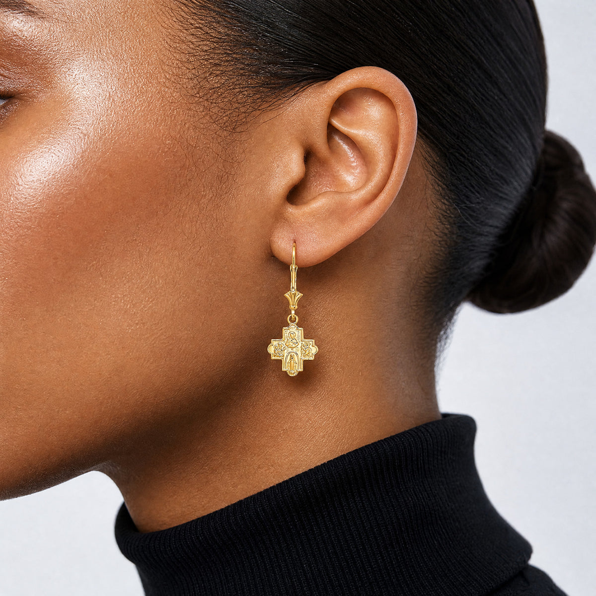14K Small 4-Way Medal Cross Leverback Earrings - Model Shot