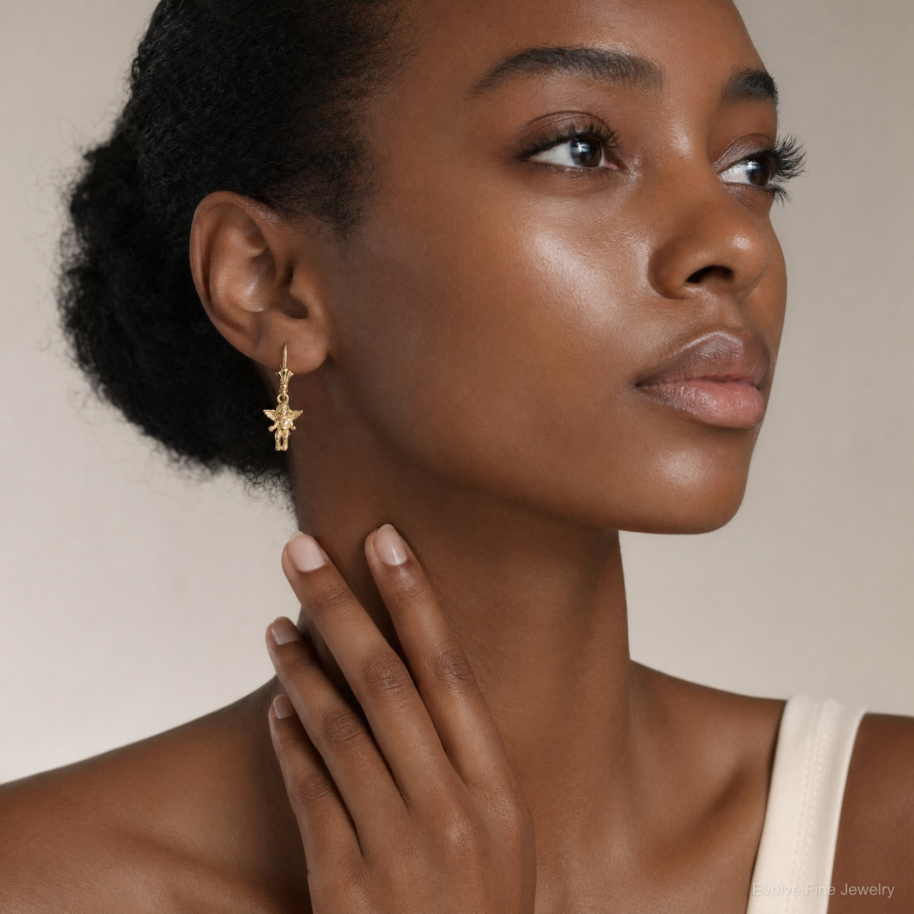 14k Angel Leverback Earrings - Model Shot