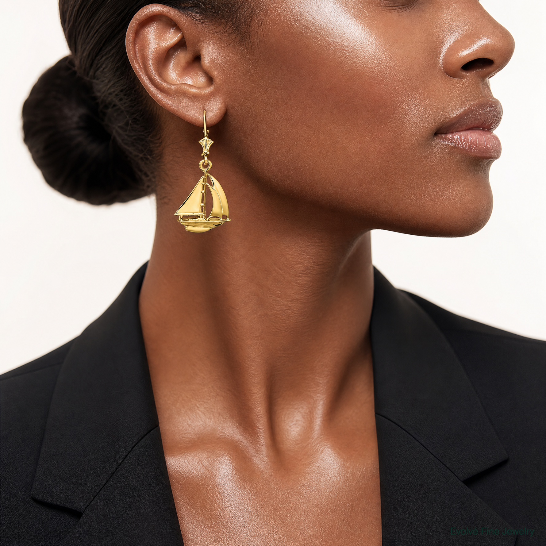 14K  3D Polished Sailboat Leverback Earrings - Model Shot