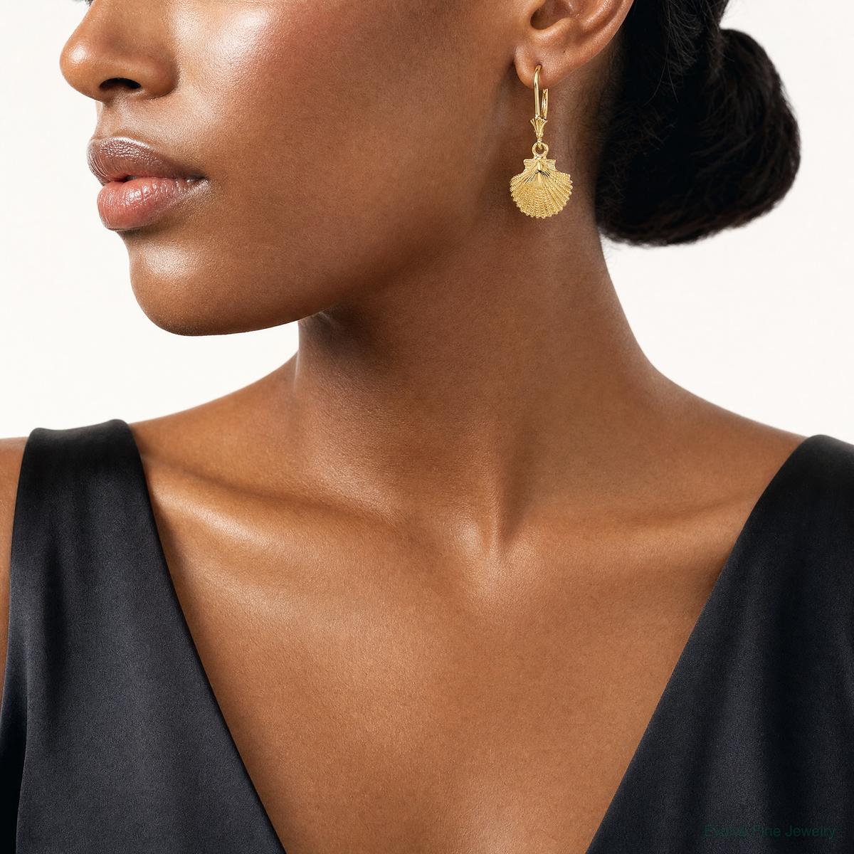 14K 2-D and Textured Scallop Shell Leverback Earrings - Model Shot