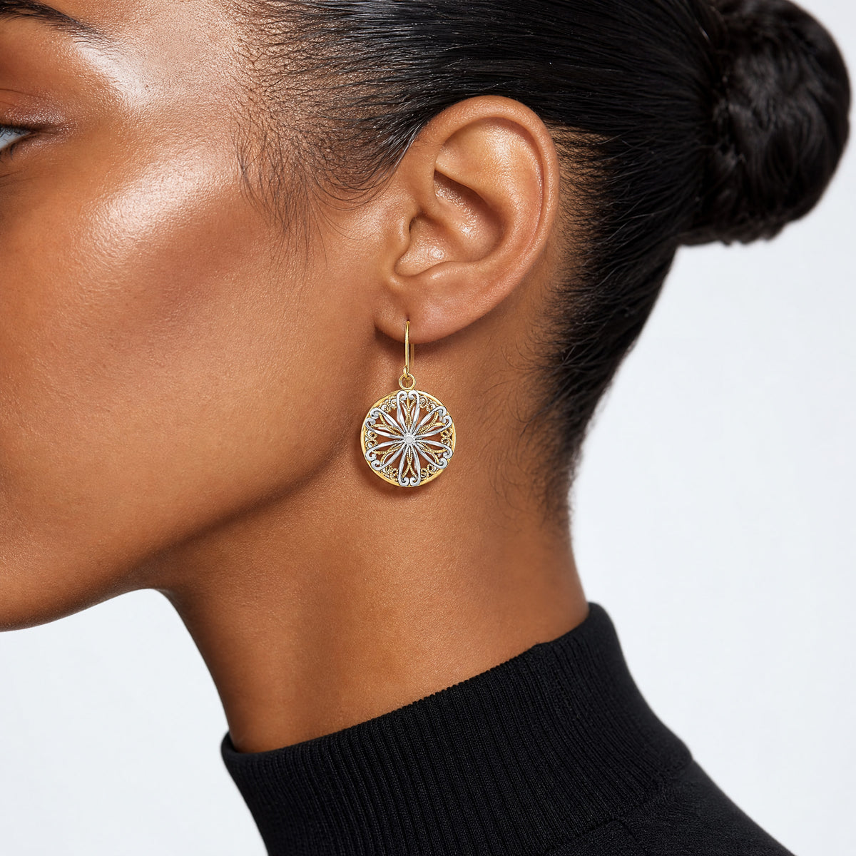 14K w/Rhodium Filigree Medallion Dangle Earrings - Model Shot