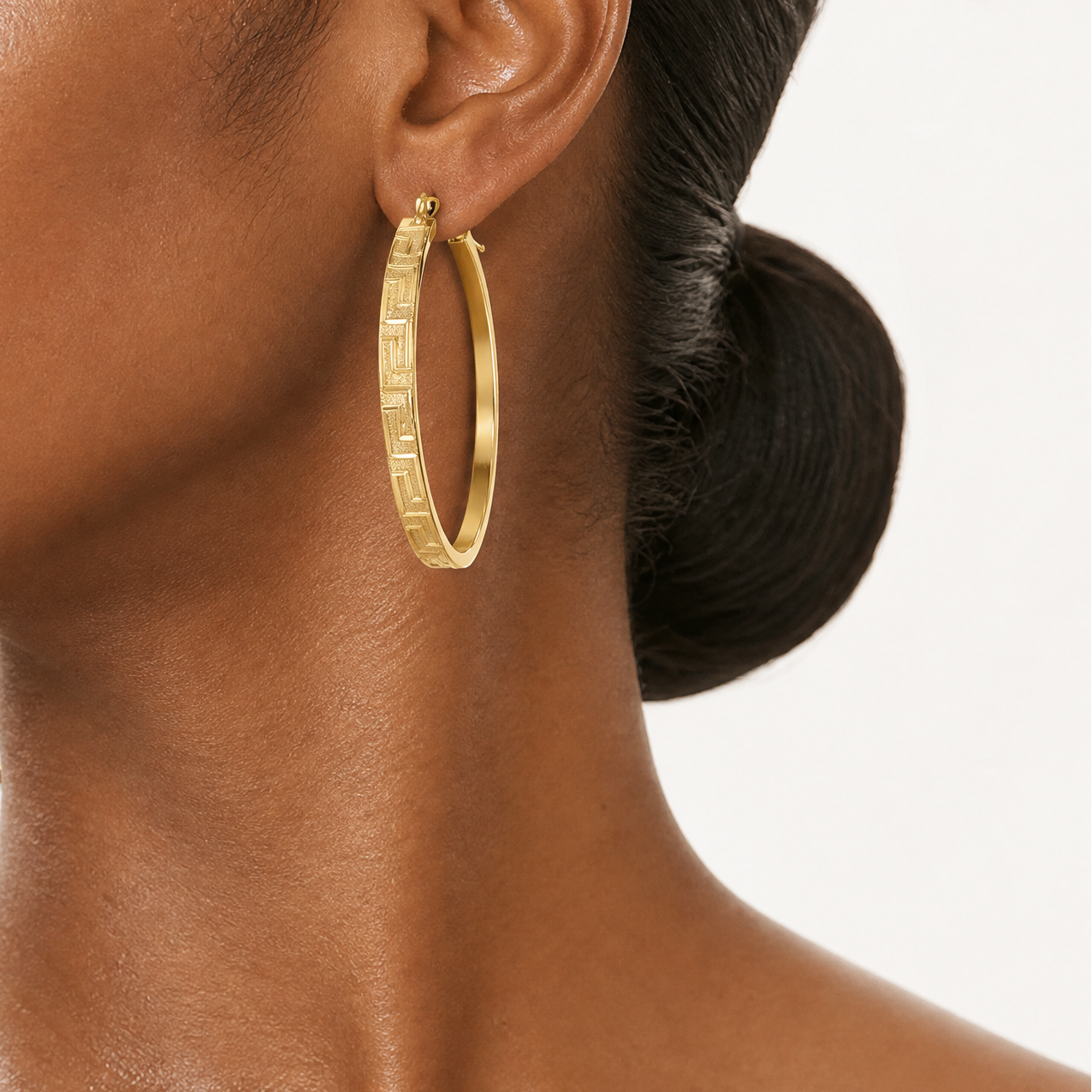 14K Polished and Satin Greek Pattern Hoop Earrings - Model Shot