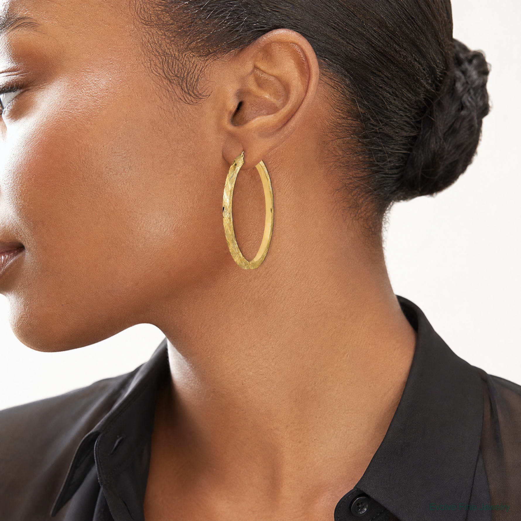 14K Polished and Textured Hoop Earrings - Model Shot