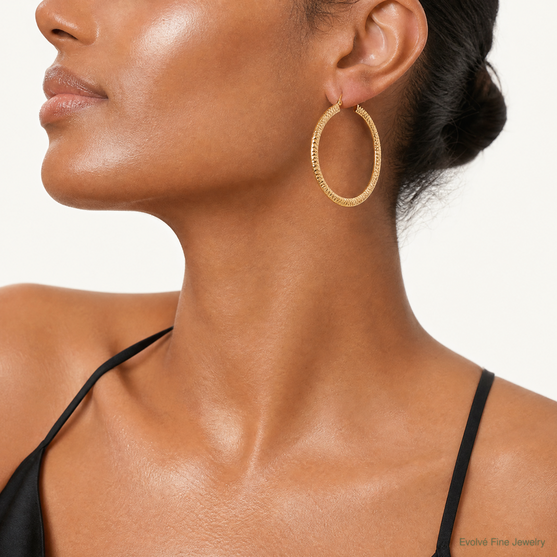 14K Polished & Hammered Hoop Earrings - Model Shot
