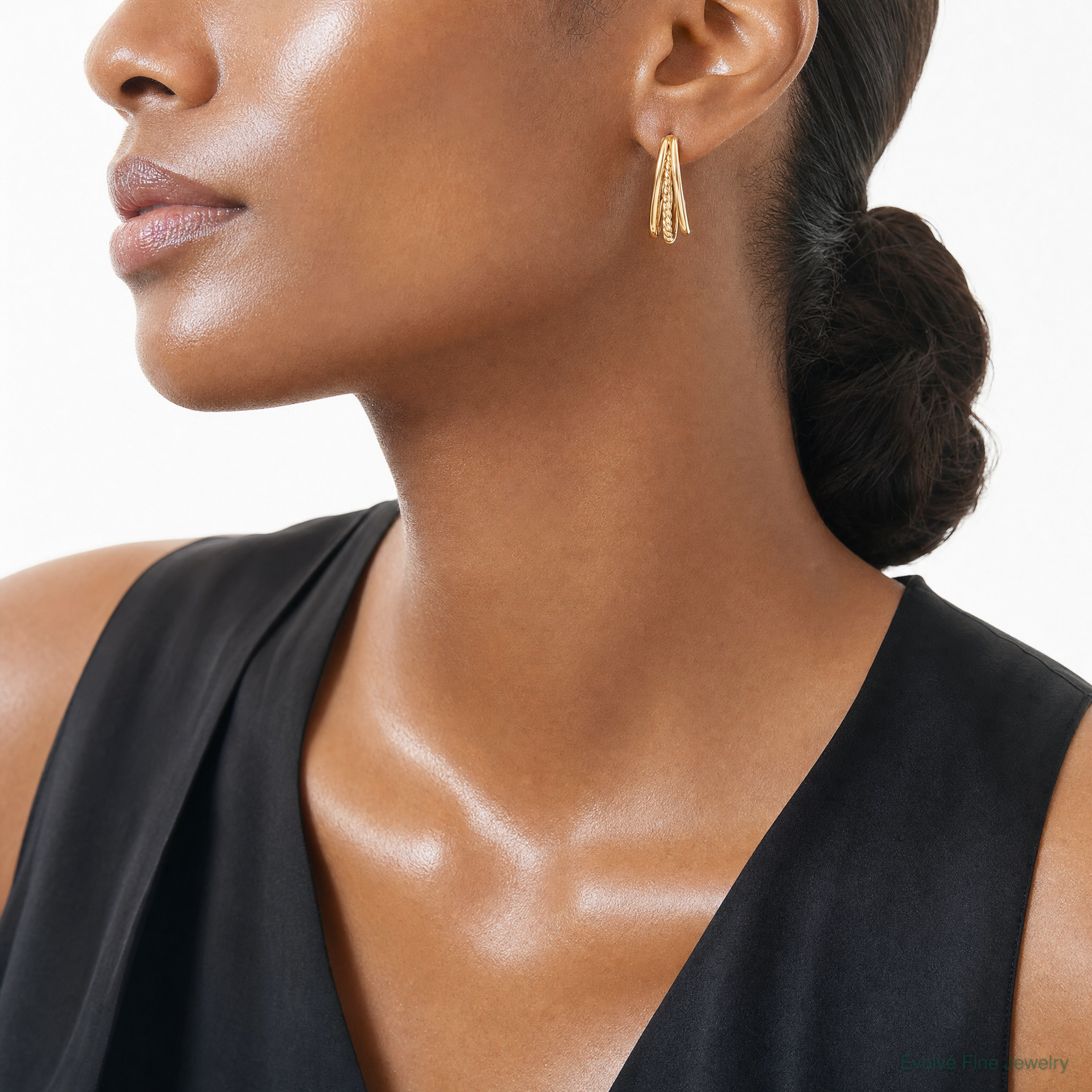 14K Polished and Twist Oval Multi Row J-Hoop Post Earrings - Model Shot