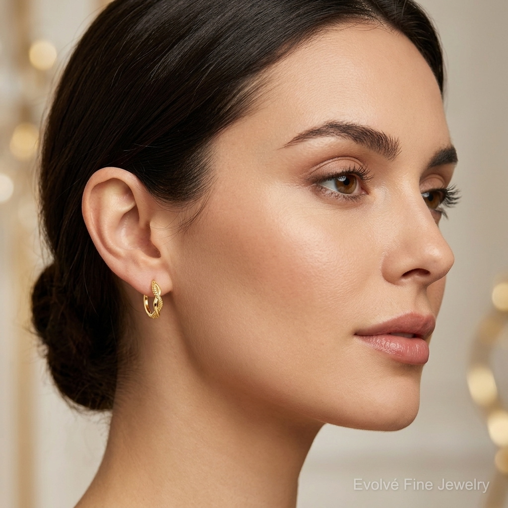 14K Polished and Textured Braided Hinged Hoop Earrings - Model Shot
