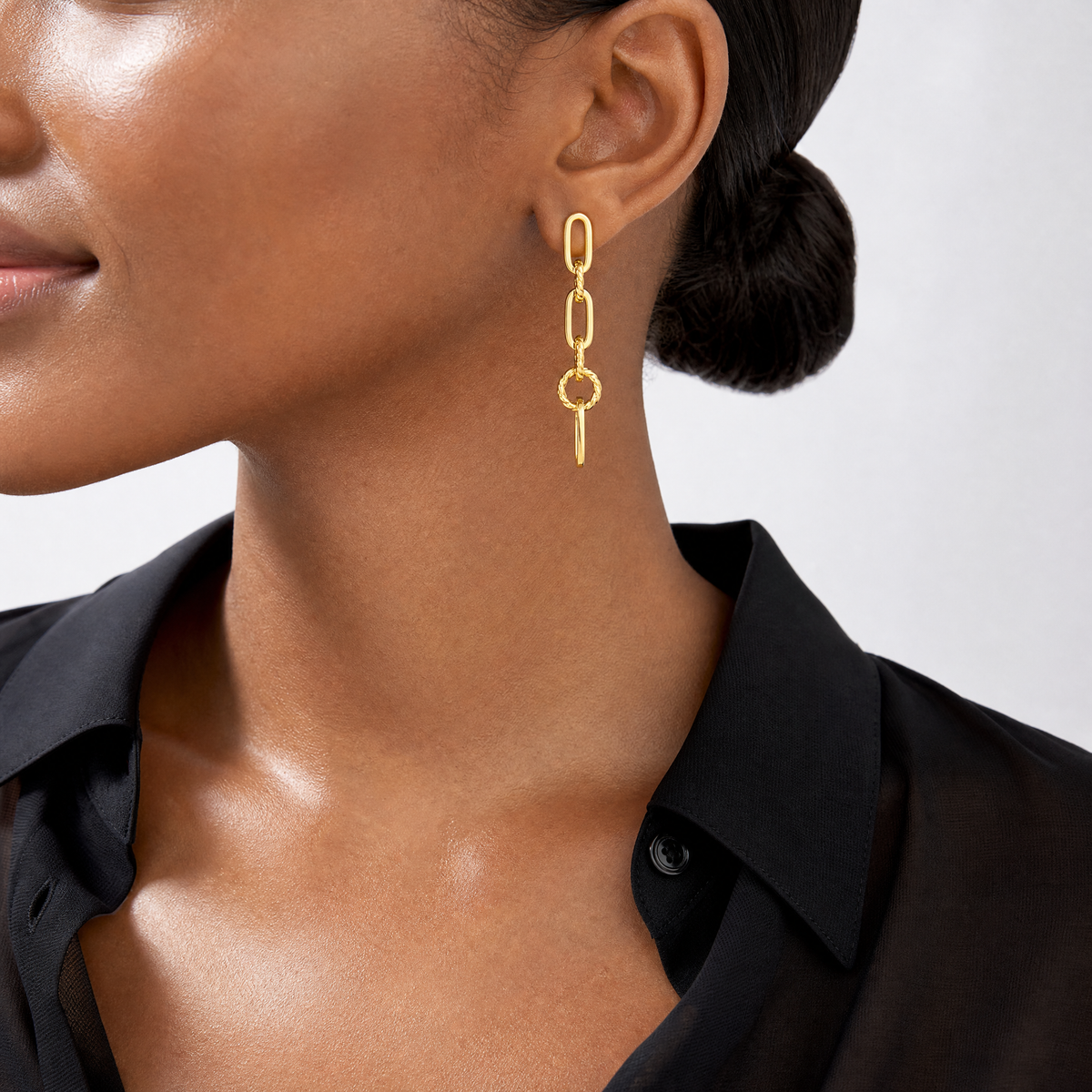 14K Polished Chain Link Dangle Post Earrings - Model Shot