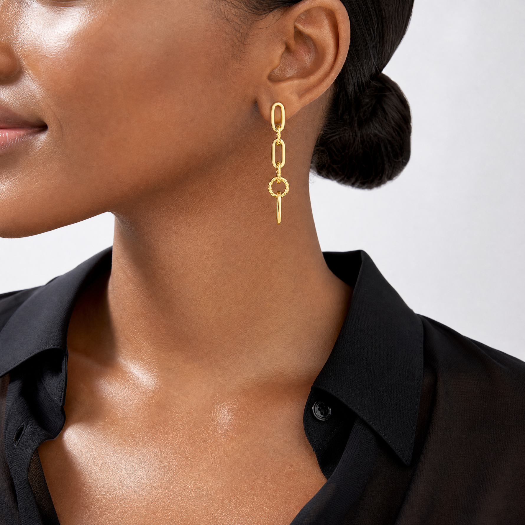 14K Polished Chain Link Dangle Post Earrings - Model Shot