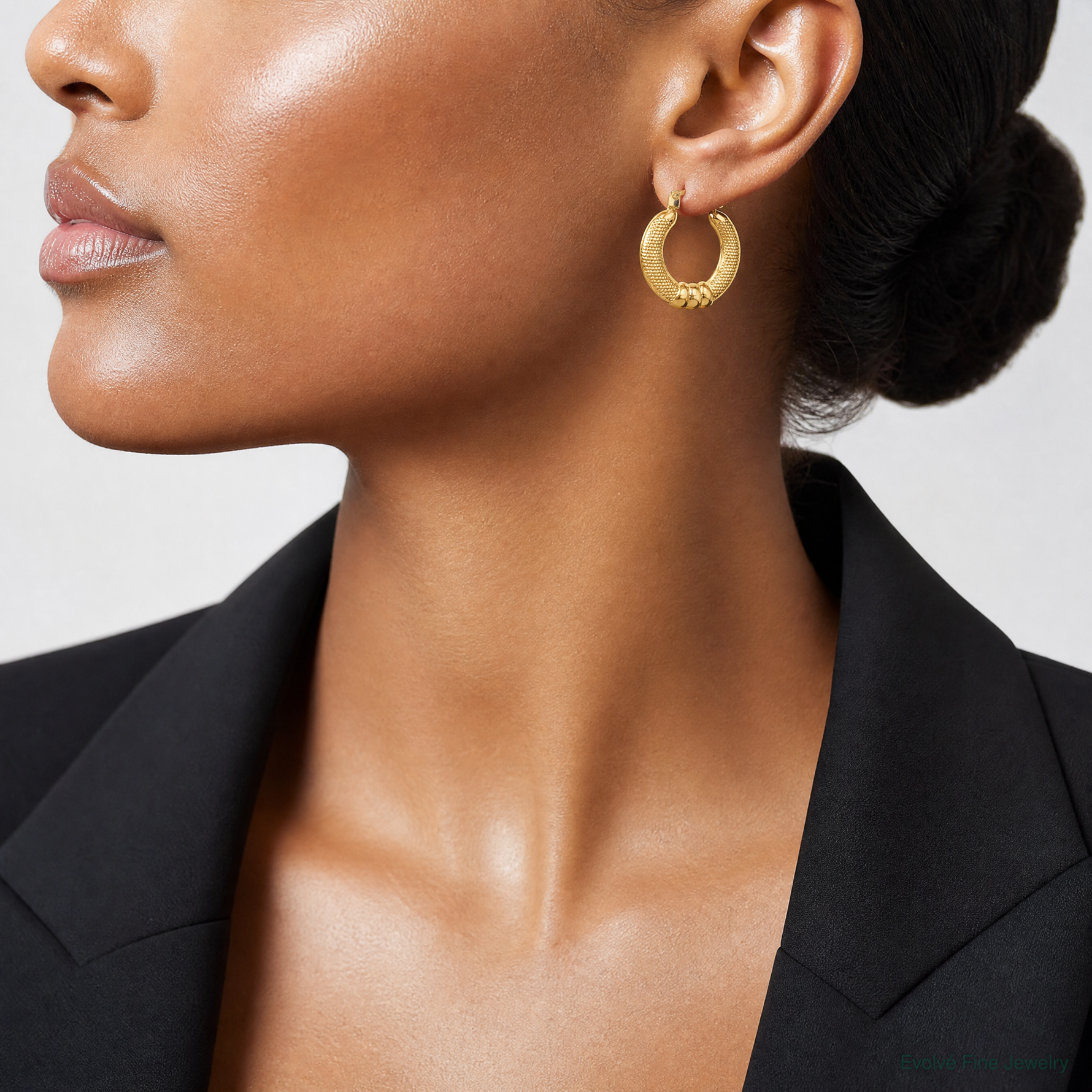 14k Polished And Textured Hoop Earrings - Model Shot