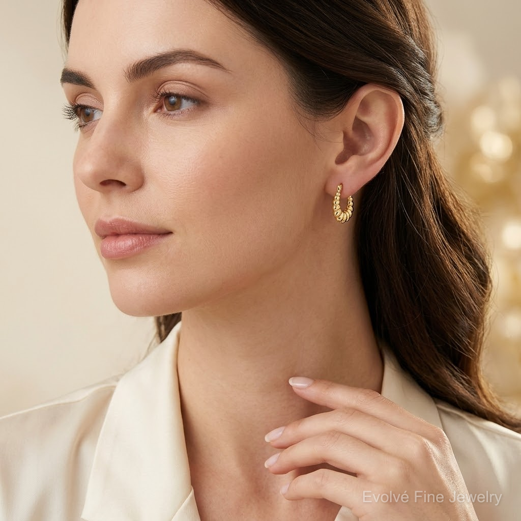 14k Polished and Grooved Scalloped Hoop Earrings - Model Shot