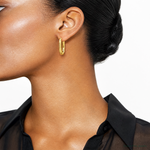 14k Polished and Grooved Oval Hinged Hoop Earrings - Model Shot