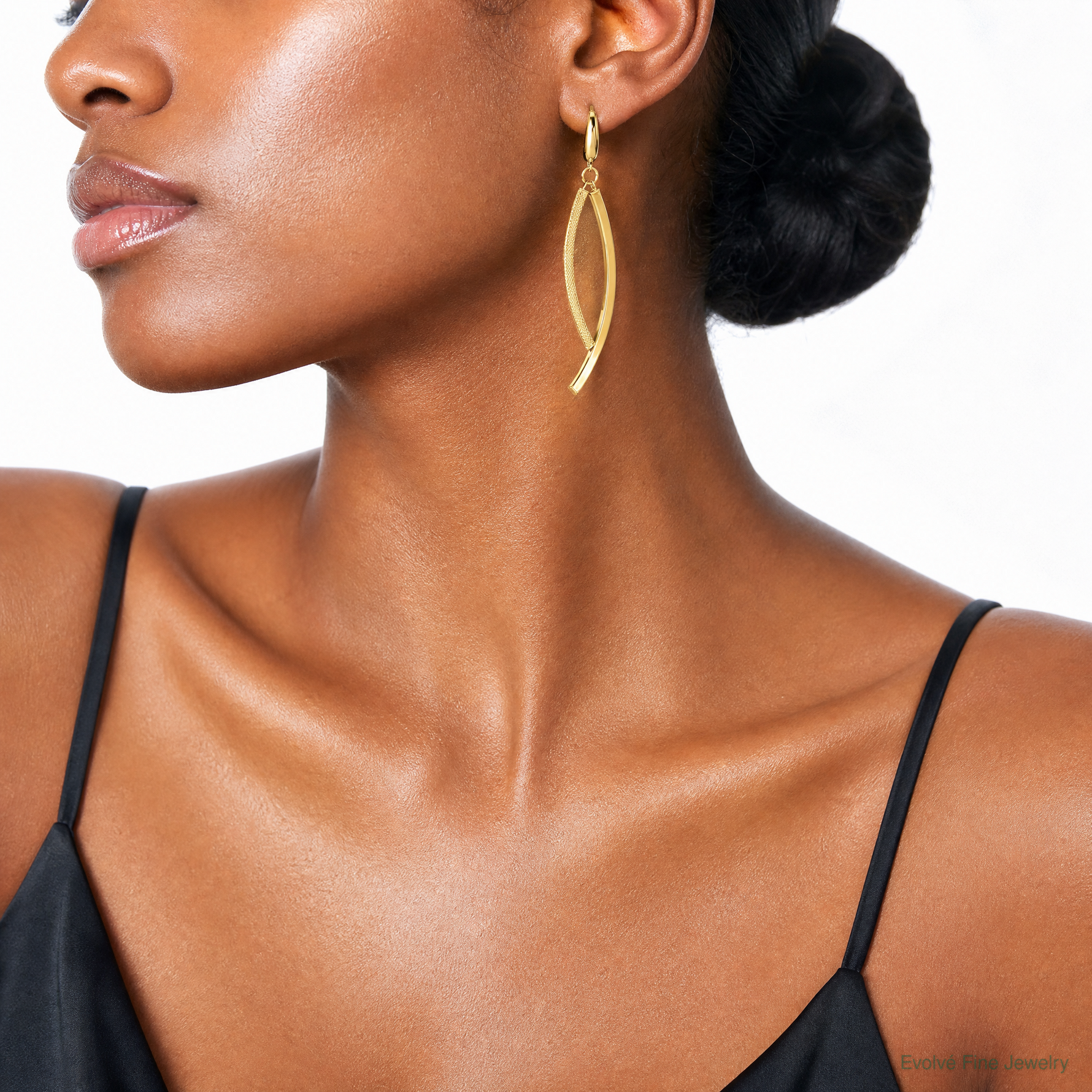 14K Polished and Textured Dangle Bar Leverback Earrings - Model Shot
