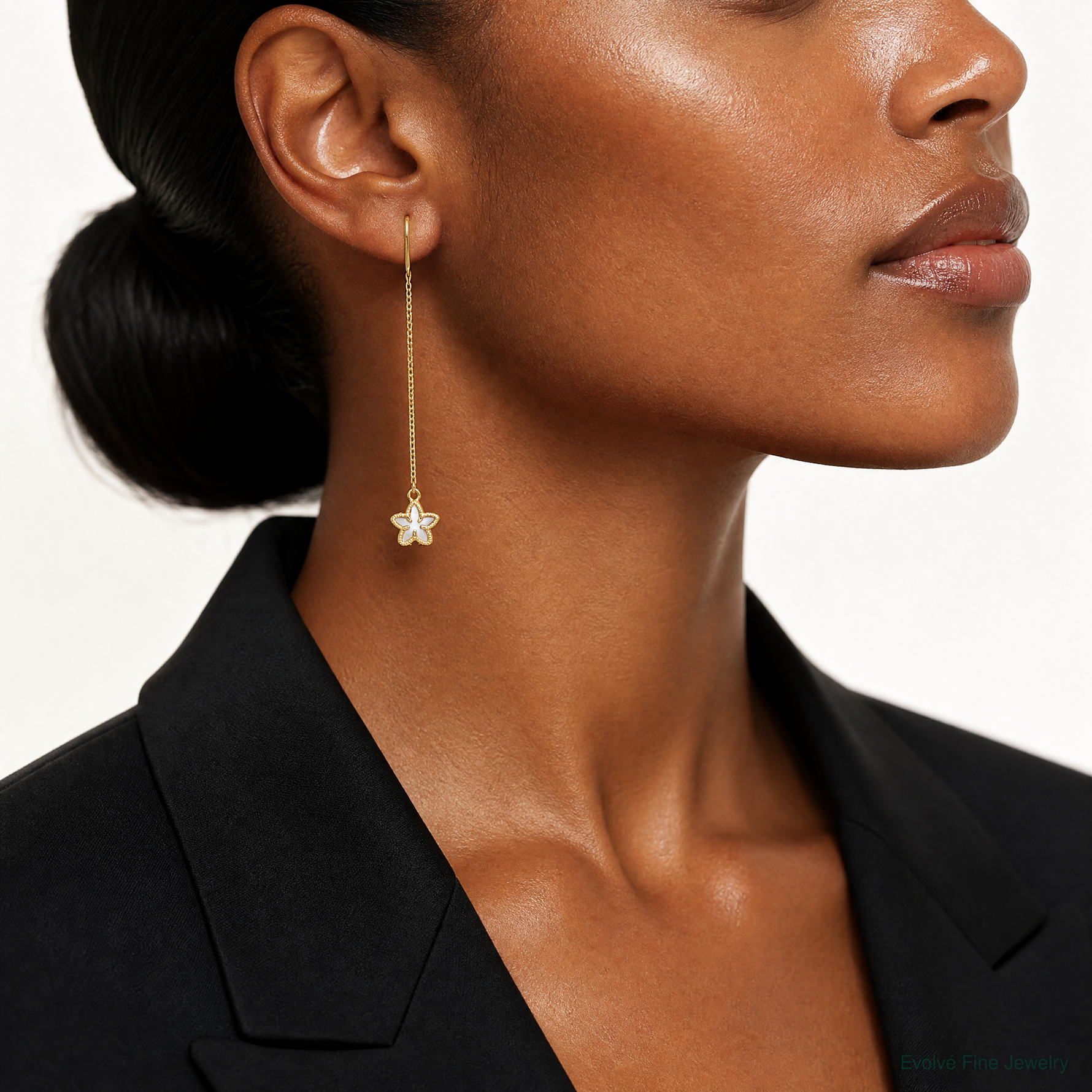 14K Polished Mother of Pearl Flower Cable Chain Threader Earrings - Model Shot