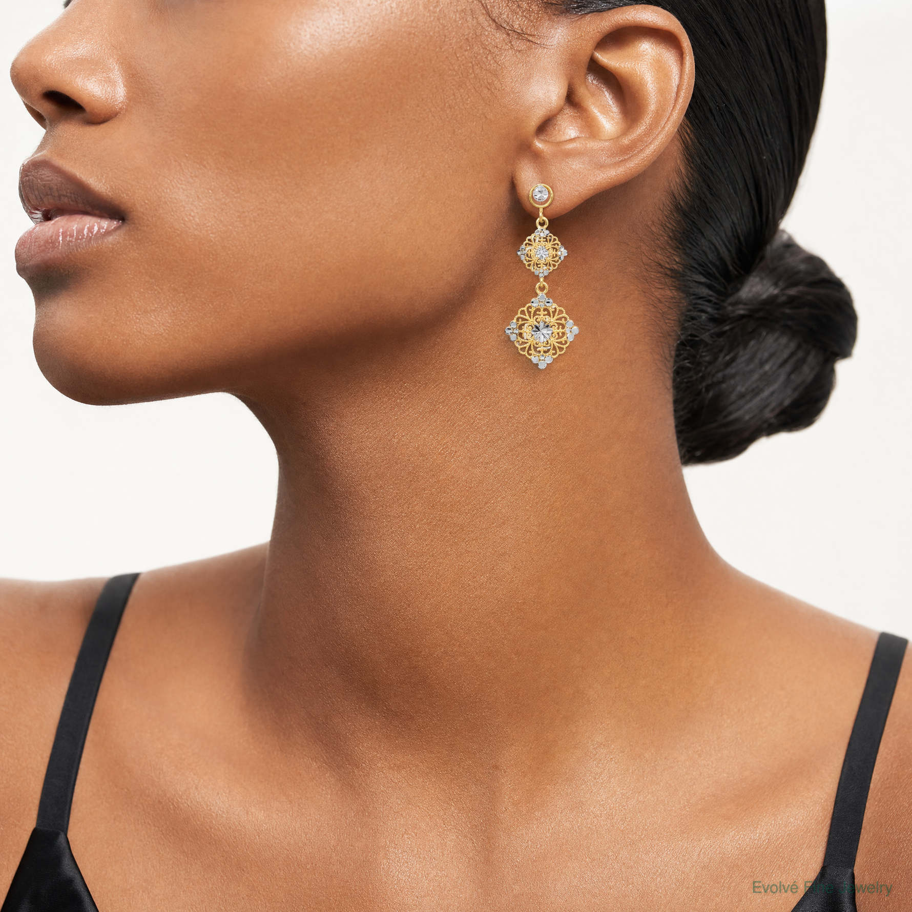 14k Rhodium Diamond-cut Filigree Dangle Earrings - Model Shot