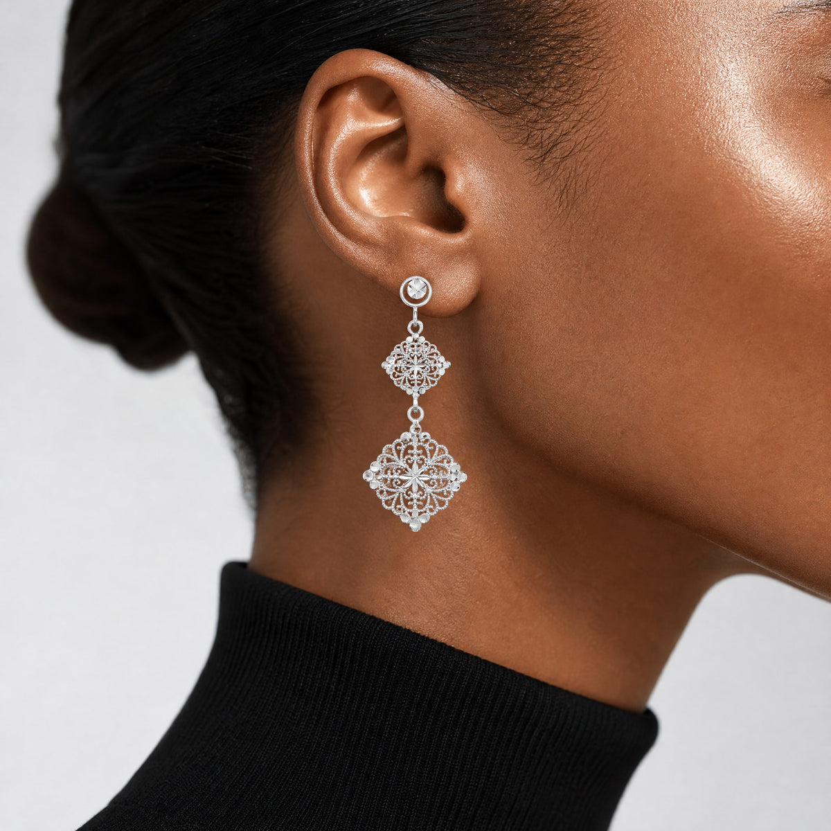14K White Gold D/C Filigree Medallion Drop Earrings - Model Shot