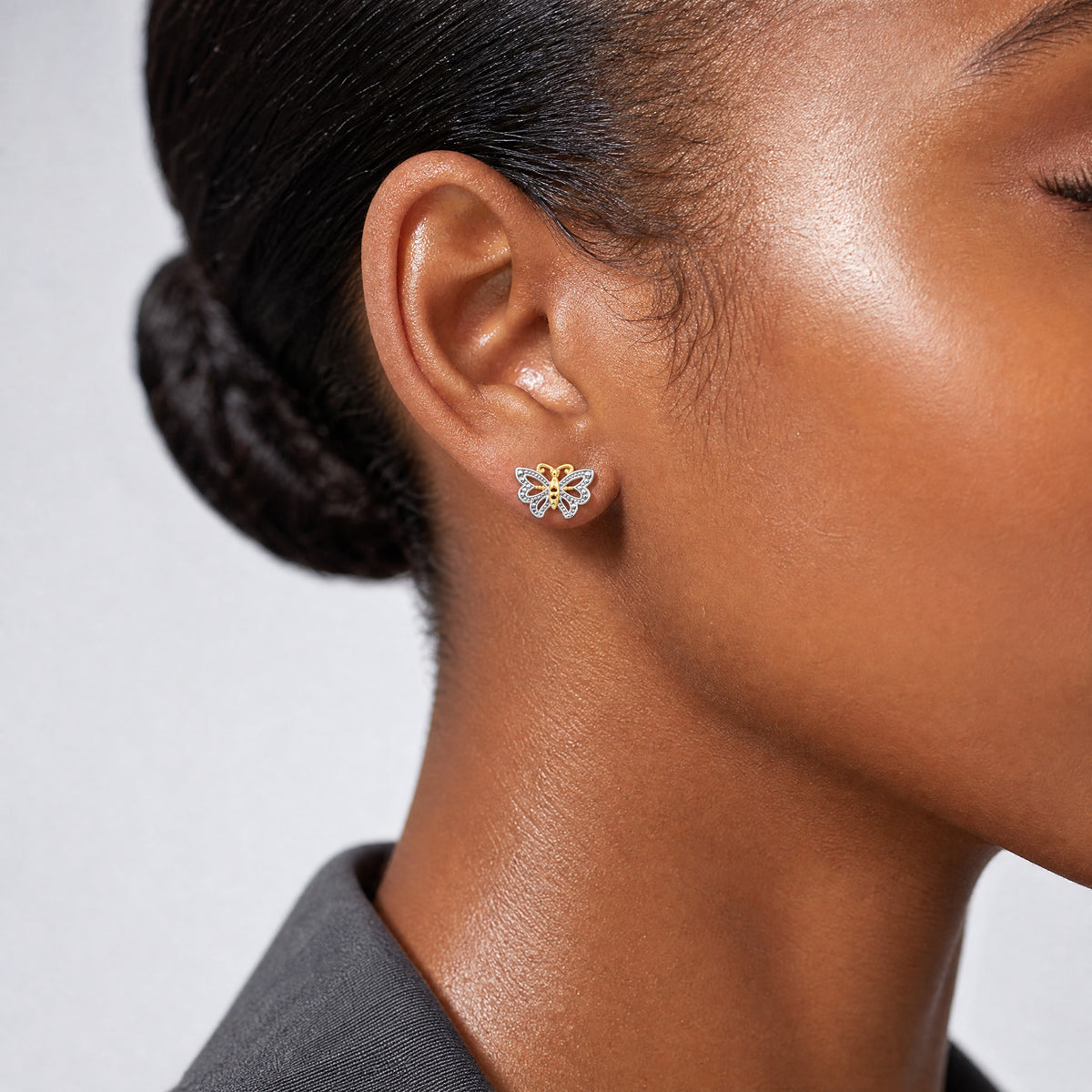 14k w/ White Rhodium Butterfly Post Earrings - Model Shot